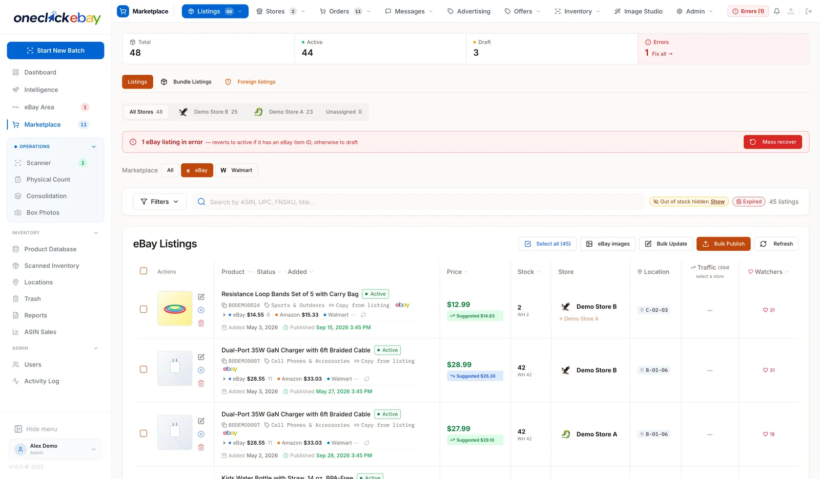 Listings screen with bulk actions for creating, ending and repricing listings (demo data)