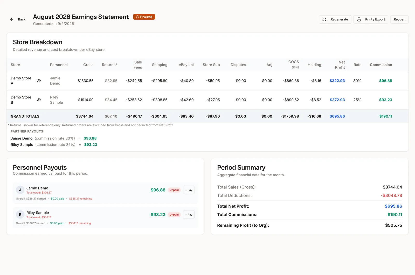 Profit sharing screen with a monthly statement of revenue, fees, costs and commission (demo data)
